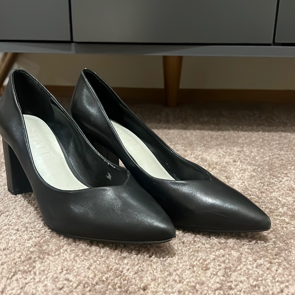 1. State black leather block heels in 6.5